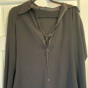 Tahari collared lace up black blouse